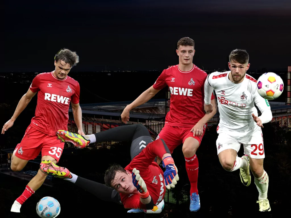 Max Finkgräfe, Jonas Urbig, Eric Martel und und Jan Thielmann vor dem Stadion des 1. FC Köln.