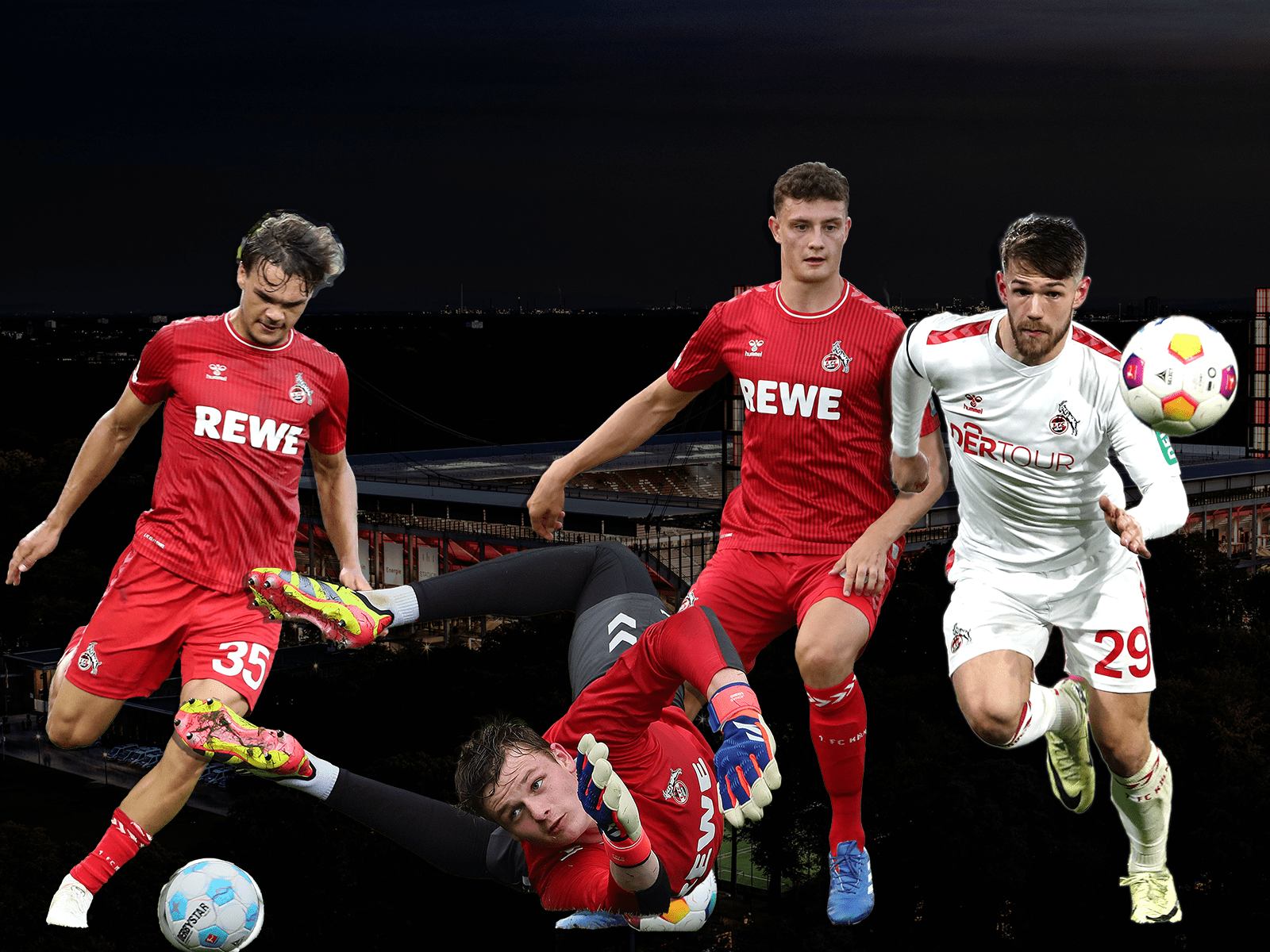 Max Finkgräfe, Jonas Urbig, Eric Martel und und Jan Thielmann vor dem Stadion des 1. FC Köln.