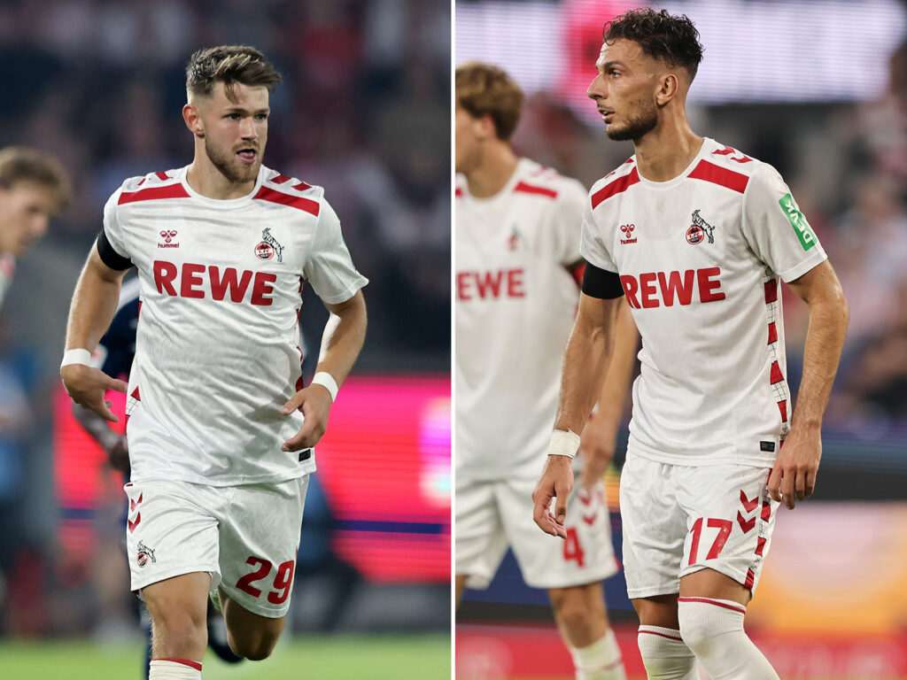 Jan Thielmann und Leart Pacarada vom 1. FC Köln