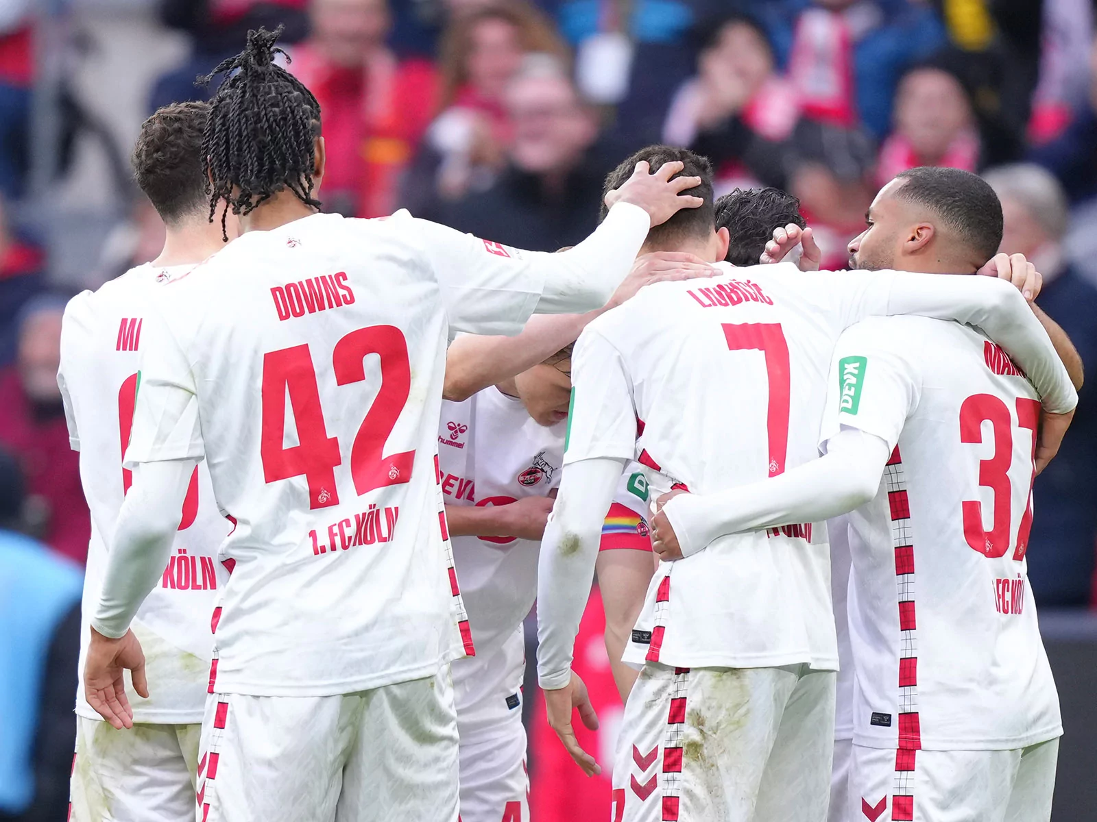 Dejan Ljubicic jubelt mit den Mitspielern  nach seinem Tor für den 1. FC Köln