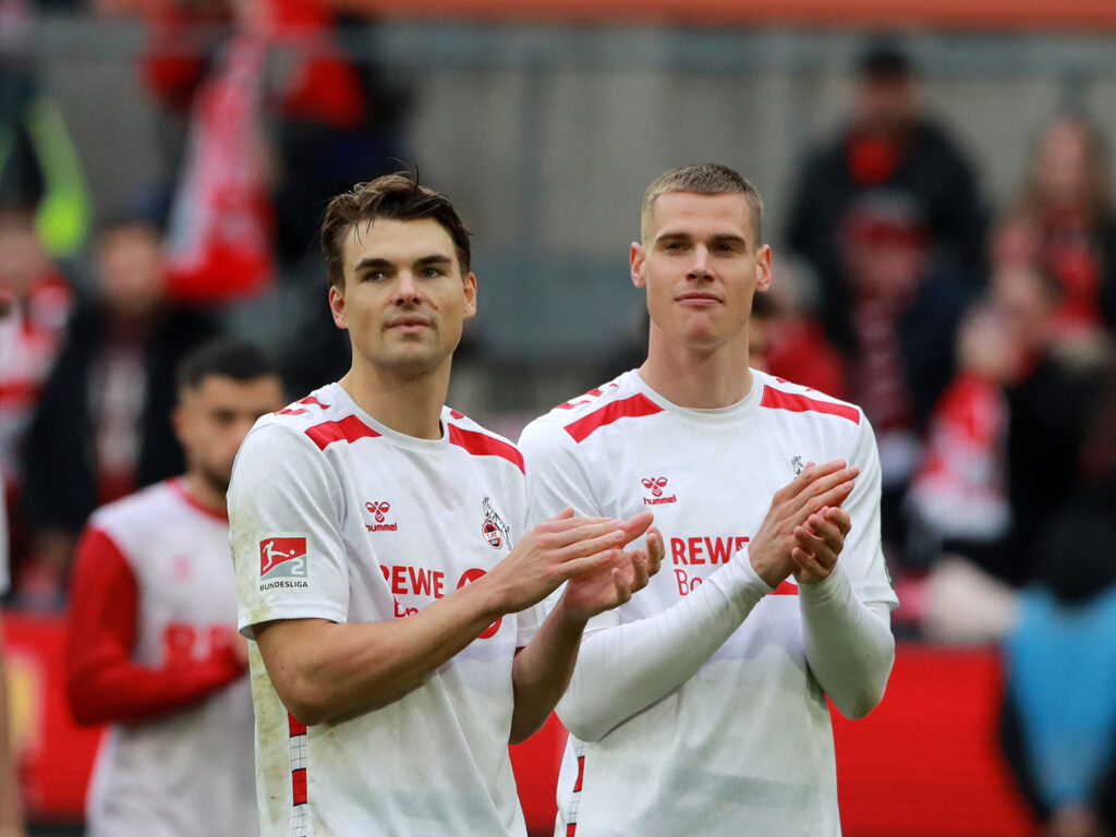 Joel Schmied und Steffen Tigges beim Spiel des 1. FC Köln gegen Elversberg