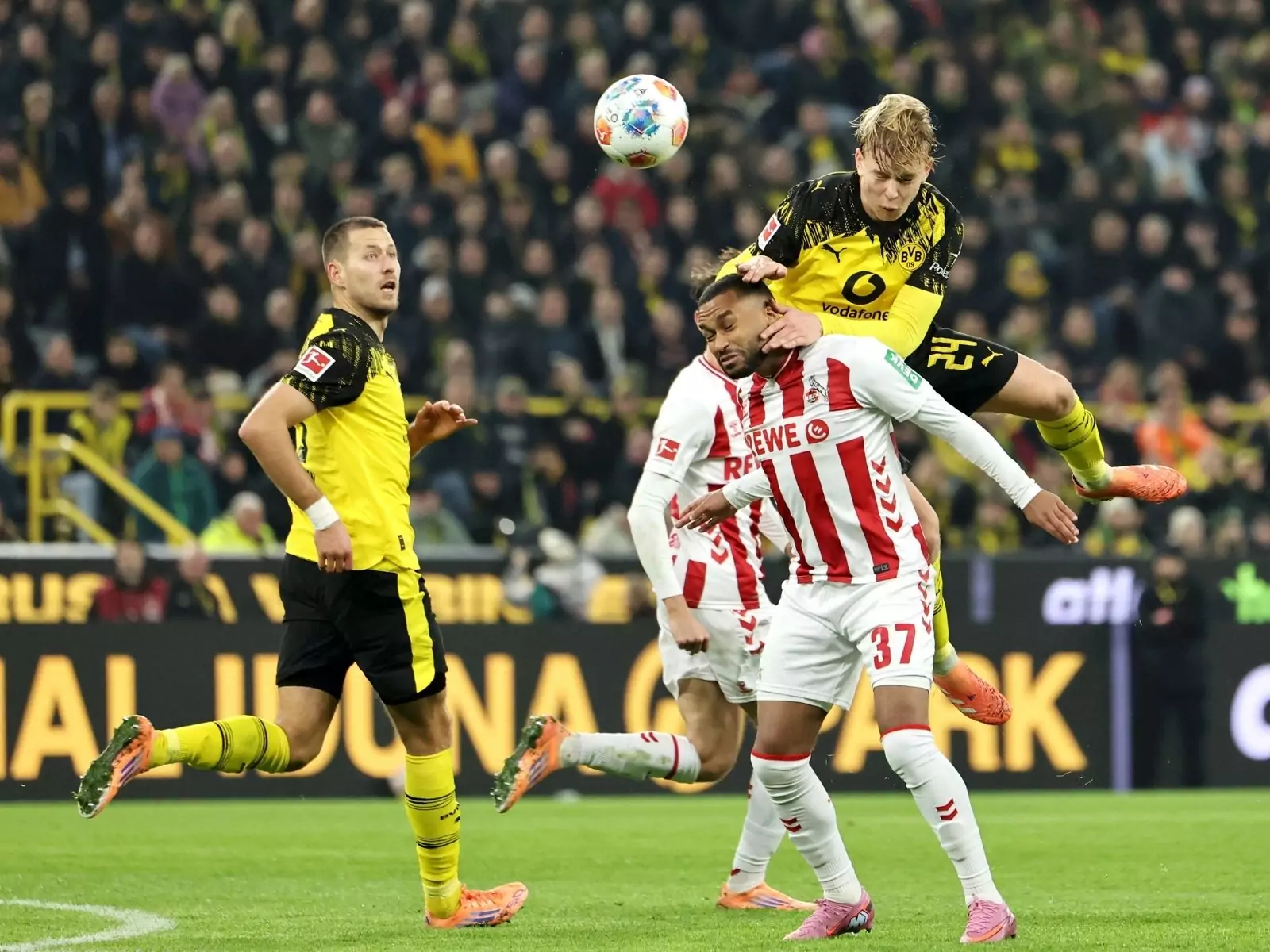 Daniel Svensson vom BVB beim Kopfball gegen Linton Maina vom 1. FC Köln